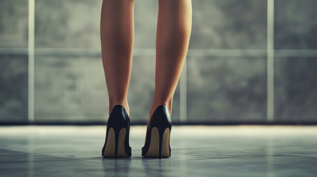 Womans Legs in High Heels Standing in Front of Tiled Wall