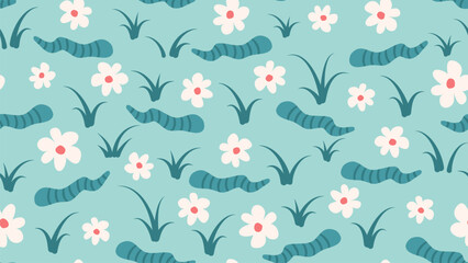 cute hand drawn colorful seamless vector pattern illustration with worms, daisy flowers and grass on turquoise background