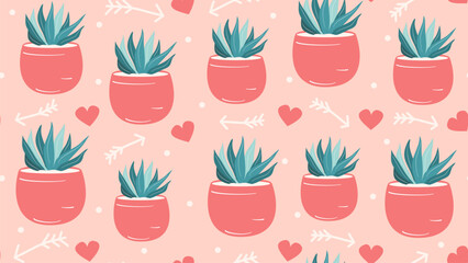cute hand drawn potted cactus seamless vector pattern background illustration with red hearts,  arrows and polka dots	