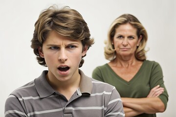 Angry teenager rolling his eyes while ignoring his mother