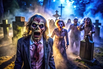Horror scene with graveyard and zombies