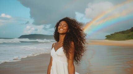 Fototapeta na wymiar Beautiful brown woman with Brazilian Curly hair smiling in a white dress on the beach, There is a rainbow in the sky