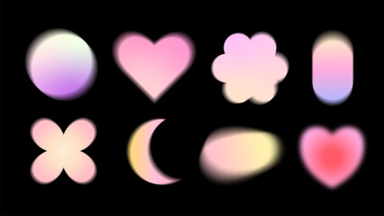 Collection of abstract gradient blurred shapes. Hearts, flower, moon, circle, etc. Contemporary design elements - 736991464