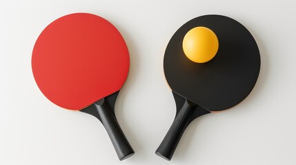 Red and black rackets for table tennis with yellow ball isolated on white background with clipping path. ping pong sports equipment. Flat lay, top view, copy space.