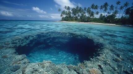 The reef ring, lagoon, and motu on Makemo Atoll, Tuamotus Archipelago, French Polynesia, France, South Pacific were covered in palm trees.