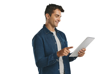 Happy, man and scroll online with tablet on social media in transparent, isolated or png background. Internet, streaming and person reading ebook, article or writing communication to contact