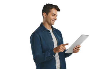 Happy, man and scroll online with tablet on social media in transparent, isolated or png background. Internet, streaming and person reading ebook, article or writing communication to contact