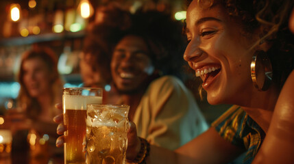 close up,friends enjoying happy hour drinking beer

 - obrazy, fototapety, plakaty