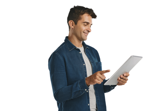 Happy, man and scroll online with tablet on social media in transparent, isolated or png background. Internet, streaming and person reading ebook, article or writing communication to contact