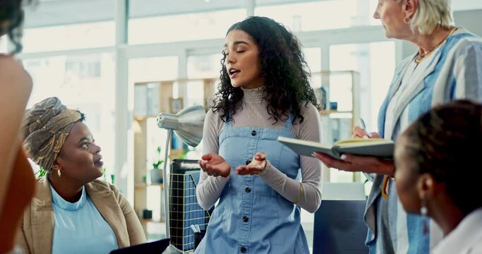 Office, meeting and group of women with business plan, empowerment and creative job. Workshop, teamwork and professional presentation of ideas, proposal and solidarity in workplace for event planner.