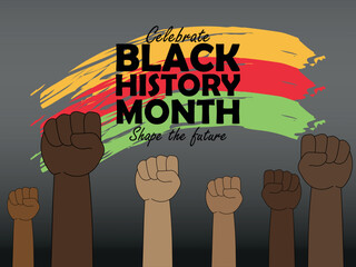 Vector banner of Black History month. Poster. Raised fists, freedom, equality, unity. Graphic brushstrokes in the grunge style. Holiday Illustration EPS 10