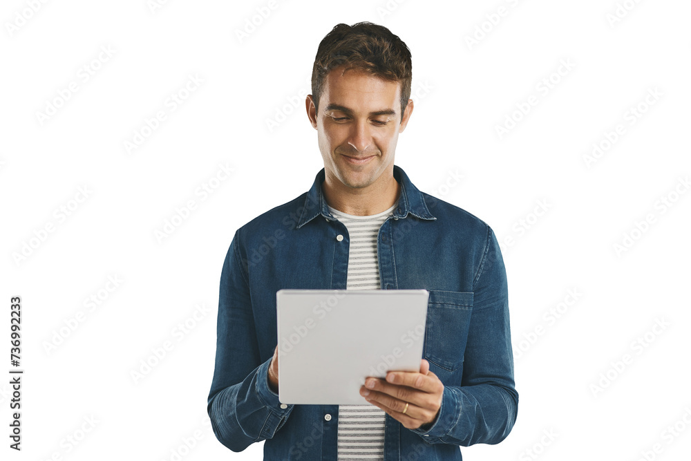 Aufkleber search, tablet and man on internet, scroll or social media isolated on transparent png background. d