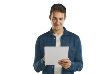 Search, tablet and man on internet, scroll or social media isolated on transparent png background. Digital technology, typing or person on app, network or reading email notification on website online