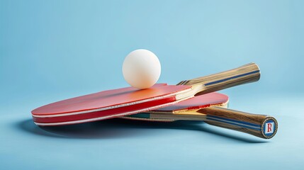 Table tennis rackets and ball on tennis table, isolated on a blue background 