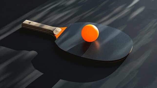 table tennis racket with orange ball on black table. black background. black tones