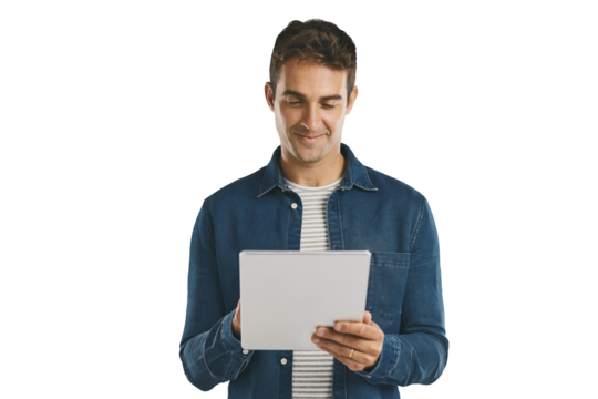 Search, tablet and man on internet, scroll or social media isolated on transparent png background. Digital technology, typing or person on app, network or reading email notification on website online