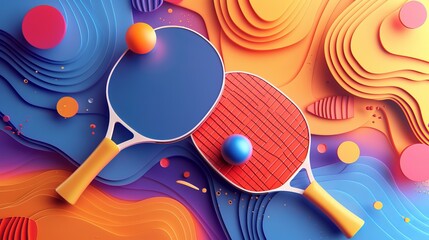 A poster for a table tennis or ping pong tournament featuring two rackets and a ball, designed on an abstract background in 3D. - obrazy, fototapety, plakaty