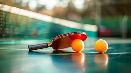 On a blue table are two ping pong or table tennis rackets and balls. - obrazy, fototapety, plakaty