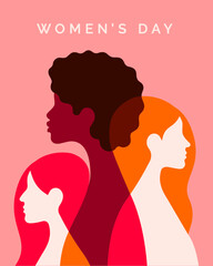 Women's Day minimalist abstract poster. Vector illustration in trendy flat style of three diverse women's portraits in profile.