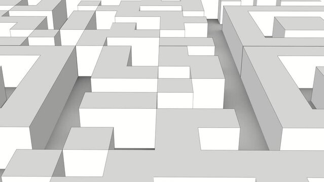 White futuristic maze in sketch style. Path in a puzzle with an exit. Solving a complex problem and achieving a goal. 3D animation, camera movement.