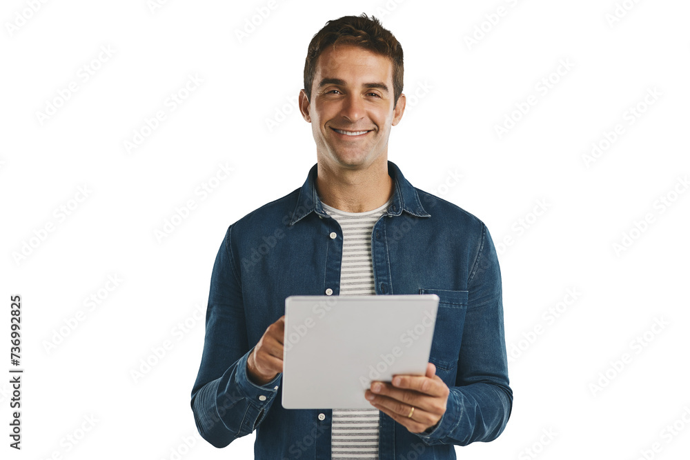 Poster portrait, tablet and happy man on internet, scroll and social media isolated on a transparent png ba