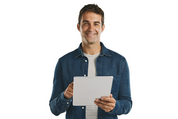 Portrait, tablet and happy man on internet, scroll and social media isolated on a transparent png background. Digital technology, face and smile of person on app, network and typing email on website