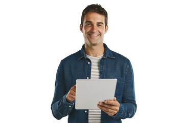 Portrait, tablet and happy man on internet, scroll and social media isolated on a transparent png...