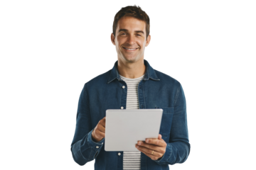 Portrait, tablet and happy man on internet, scroll and social media isolated on a transparent png background. Digital technology, face and smile of person on app, network and typing email on website