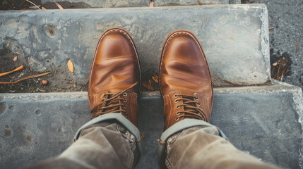 Person standing in stylish brown leather boots on an urban sidewalk