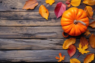 Pumpkin and Fall Leaves on Wooden Surface Background, Top View, Copy Space