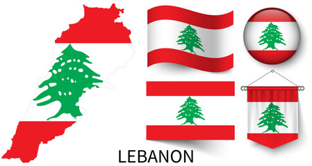 Naklejka premium The various patterns of the Lebanon national flags and the map of Lebanon's borders
