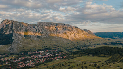 Impressive panorama view on Rimetea Village.  Outstanding view of  Piatra Secuiului mountains