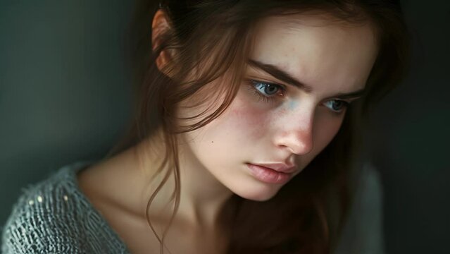 A young woman with a worried expression unsure of her own thoughts and memories, Young female With Blue Eyes Looking Down