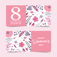 Set of bright cards for March 8 and International Women's Day with floral design.
