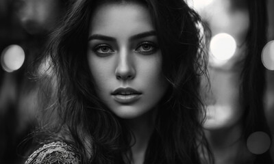 The mysterious beautiful look of a girl with her mouth slightly open, black and white portrait