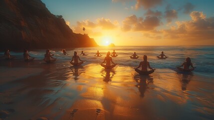 Fototapeta premium A group of people participate in a peaceful yoga session on a beach, with the setting sun casting a golden light over the scene.
