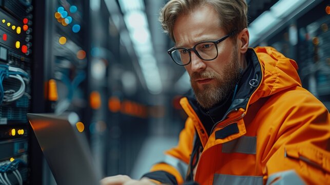 Focused network engineer in a high-visibility jacket using a laptop in a server room, surrounded by sophisticated technology.