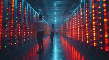 IT professionals are walking through a data center with illuminated server racks, checking systems and discussing infrastructure.