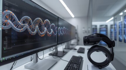 A virtual reality headset sits on a desk in a scientific laboratory, with screens displaying advanced DNA sequencing data for research.