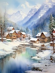 Fototapeta premium Chilly Lakeside Villages: Alpine Winter Beach Scene Painting