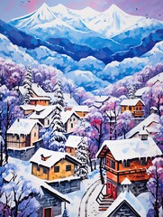 Serene Winter Splendor: Acrylic Alpine Villages Embracing Vibrant Winter Shades