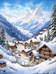 Fototapeta premium Winter Wonderland: Alpine Villages and Traditional Homes Bedecked in Snow
