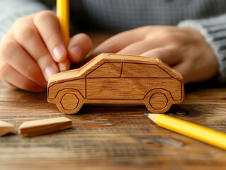 mani che toccano auto fatta di legno, concetto di assicurazione, protezione e cura della macchina 