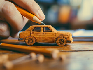 mani che ritoccano auto fatta di legno con una matita , concetto di assicurazione auto,  protezione...