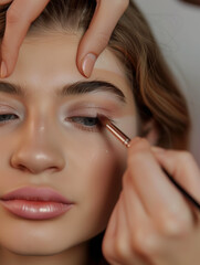 Makeup Artist Holding Brush Applying Eyeshadow, Natural Look, Doing Makeup for Model