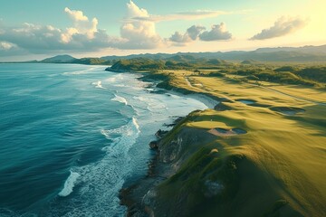 A resort golf course by the ocean, on a beautiful sunny day. A long hole par 5 hole by the sea shore. aerial shot - obrazy, fototapety, plakaty