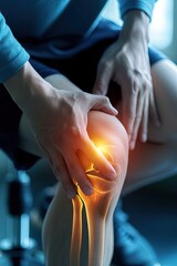  Digitally generated image of man suffering with knee inflammation. Stiff and painful knee joint affects mobility.