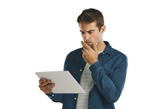 Man, thinking and reading online with tablet on social media in transparent, isolated or png background. Internet, schedule and person with ebook, article or planning ideas with research information