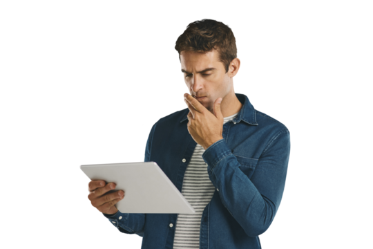 Man, thinking and reading online with tablet on social media in transparent, isolated or png background. Internet, schedule and person with ebook, article or planning ideas with research information