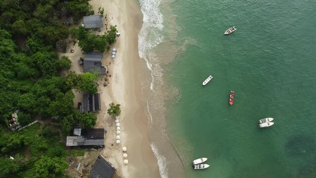 aerial view of beautiful caribbean beach in the Venezuela coast. Drone shot of white sand and pristine tropical landscape with wild forest in the town of Chuspa